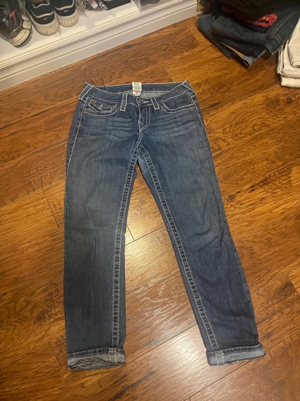 True Religion Womenโs Dark Indigo Boyfriend Jeans